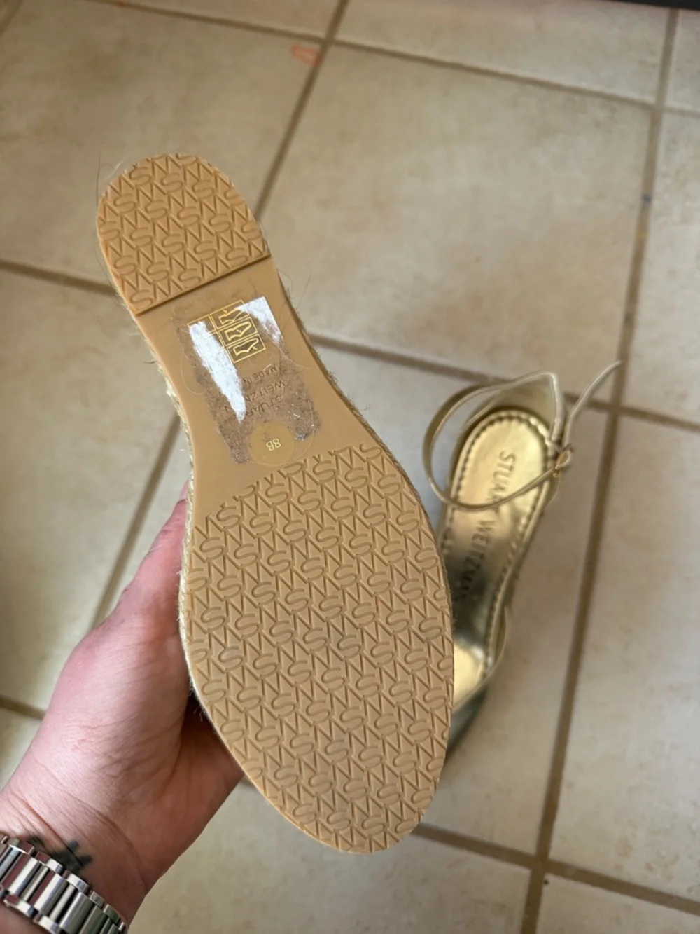 Stuart Weitzman Metallic Gold Espadrille Wedge with Ankle Strap size 8 NWOT - Picture 5 of 12